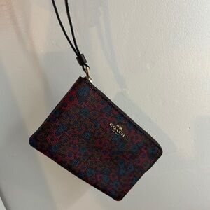 Coach Red, Brown, and Blue Floral/Leopard Patterned Wristlet Leather